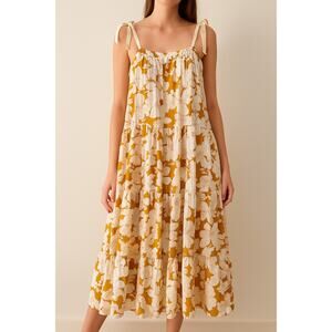 Mon Renn Floral Tiered Maxi Dress Yellow White Tie Straps Size Small